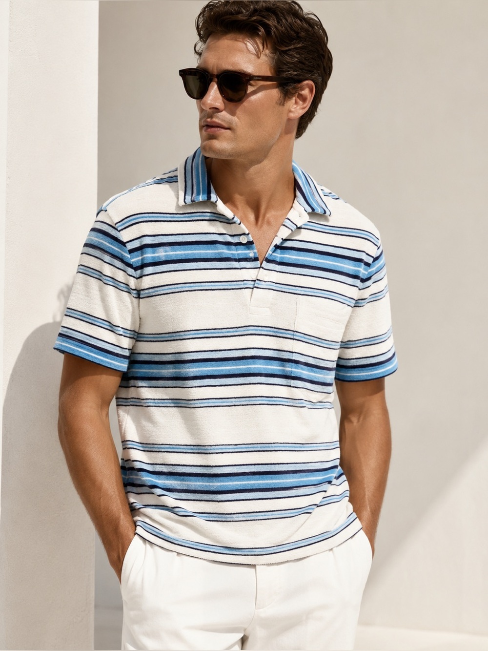 Orlebar Brown Terry Cloth Striped Towelling Polo Shirt Collar Blue Mens Small